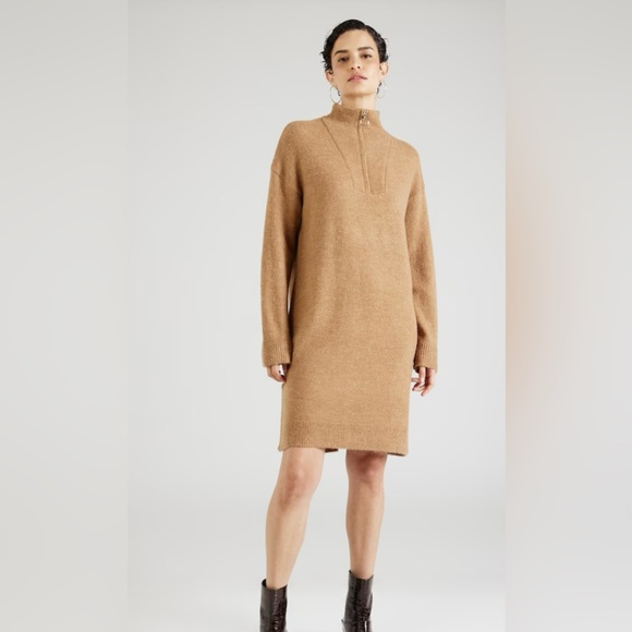 b.young Dresses & Skirts - B.young 3/4 Zip Tan Sweater Dress | S